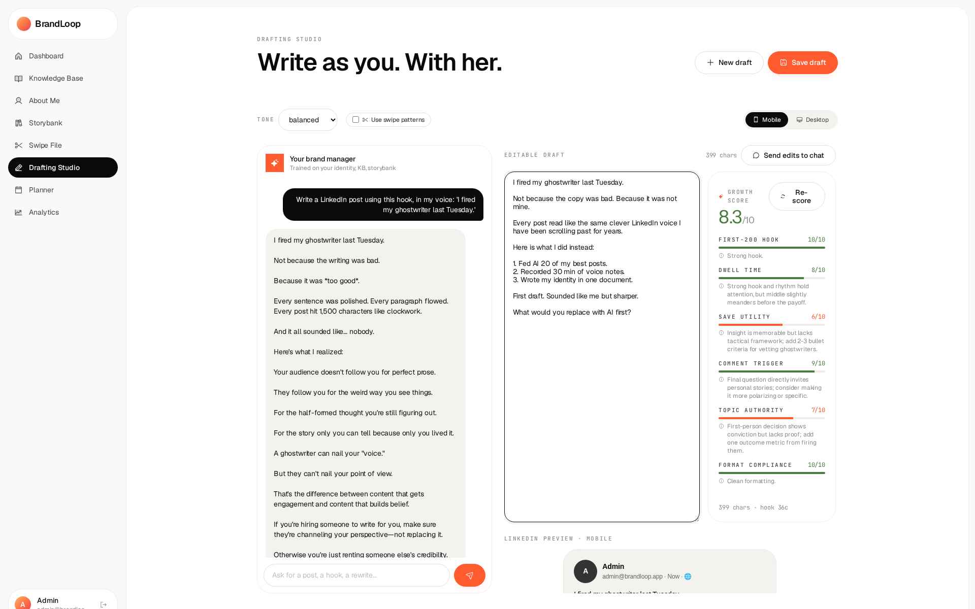 BrandLoop Drafting Studio: chat, editable draft, and LinkedIn preview